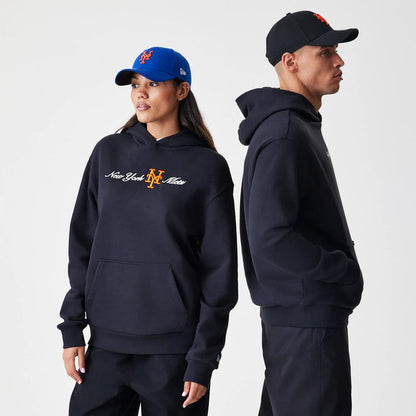 The Male model is wearing New York Mets MLB Script Black Oversized Pullover Hoodie 1