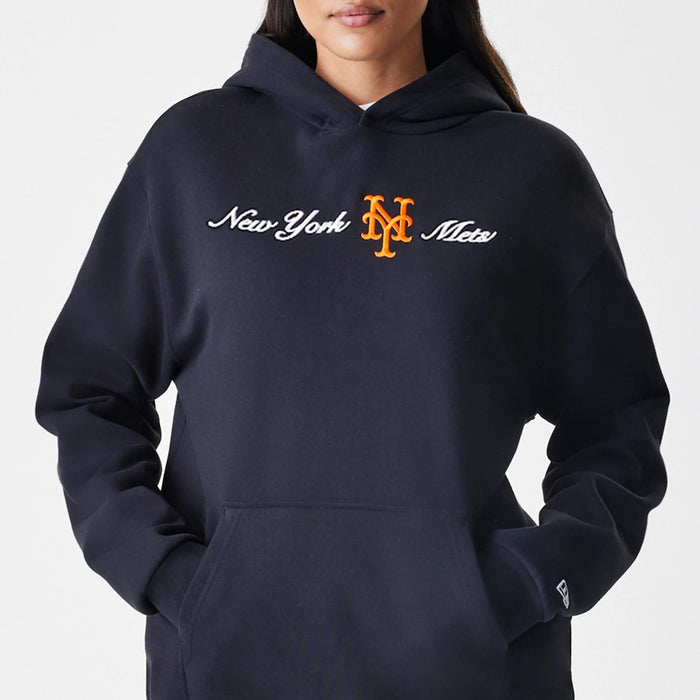 The Male model is wearing New York Mets MLB Script Black Oversized Pullover Hoodie 6