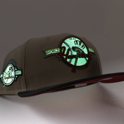 New York Yankees 100 Years New Era 59Fifty Fitted Hat (GITD KHAKI BURNT WOOD SCARLET Under Brim)