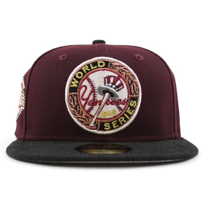 New York Yankees 1949 World Series 100TH ANNIVERSARY New Era 59Fifty Fitted Hat (Maroon Corduroy Gray Under Brim)