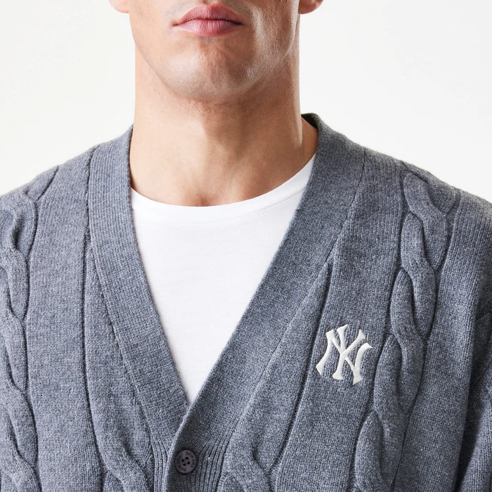 The Male model is wearing New York Yankees MLB Cable Knit Dark Grey Cardigan 5