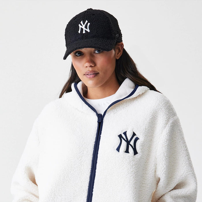 The Male model is wearing New York Yankees MLB Open White Hooded Sherpa Jacket 6
