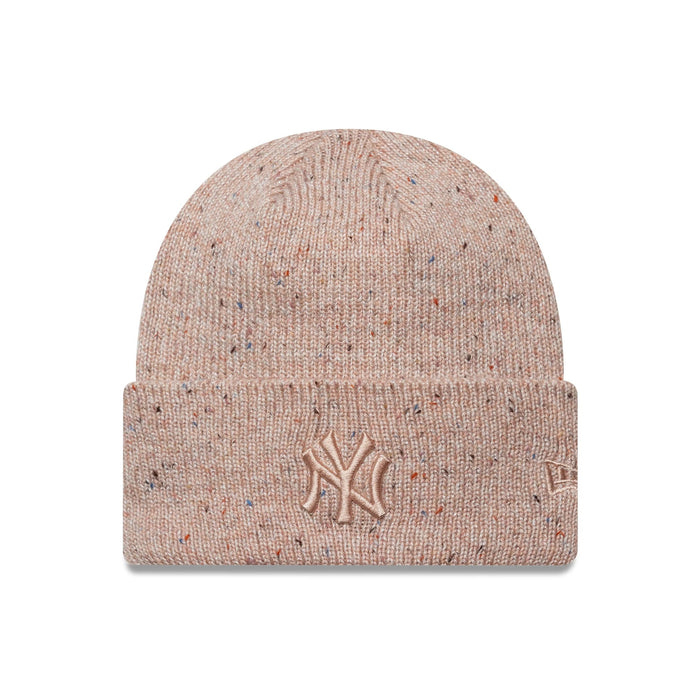 This is a New York Yankees Womens MLB Glitter Pastel Pink Cuff Knit Beanie Hat 1
