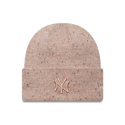 This is a New York Yankees Womens MLB Glitter Pastel Pink Cuff Knit Beanie Hat 1