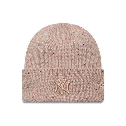 This is a New York Yankees Womens MLB Glitter Pastel Pink Cuff Knit Beanie Hat 1