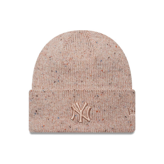 This is a New York Yankees Womens MLB Glitter Pastel Pink Cuff Knit Beanie Hat 1