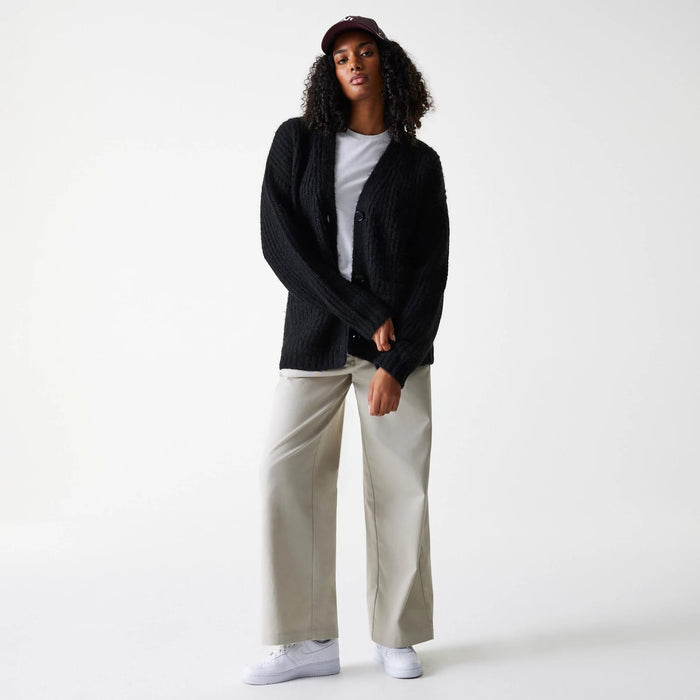 The Female model is wearing New York Yankees Womens MLB Knit Black Cardigan 8