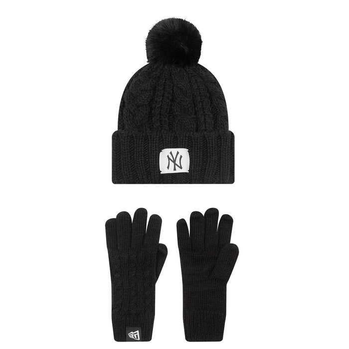 This is a New York Yankees Youth MLB Black Beanie & Gloves Set 1
