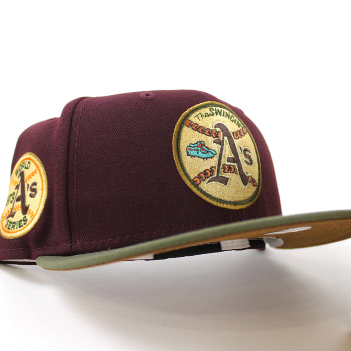 Oakland Athletics 1973 World Series New Era 59Fifty Fitted Hat (MAROON NEW OLIVE TOASTED PEANUT Under Brim)