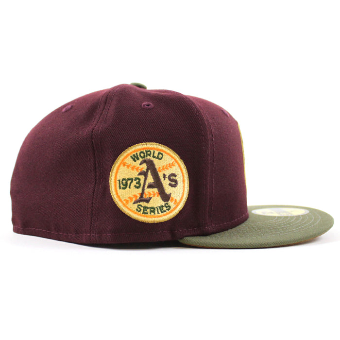 Oakland Athletics 1973 World Series New Era 59Fifty Fitted Hat (MAROON NEW OLIVE TOASTED PEANUT Under Brim)