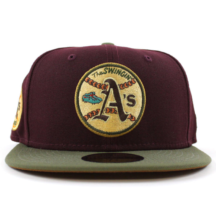Oakland Athletics 1973 World Series New Era 59Fifty Fitted Hat (MAROON NEW OLIVE TOASTED PEANUT Under Brim)