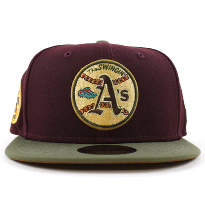 Oakland Athletics 1973 World Series New Era 59Fifty Fitted Hat (MAROON NEW OLIVE TOASTED PEANUT Under Brim)