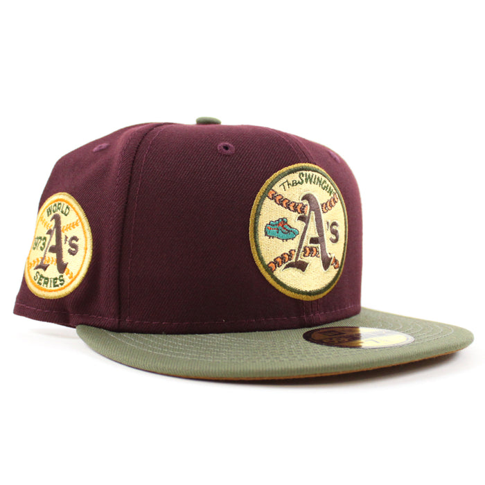 Oakland Athletics 1973 World Series New Era 59Fifty Fitted Hat (MAROON NEW OLIVE TOASTED PEANUT Under Brim)