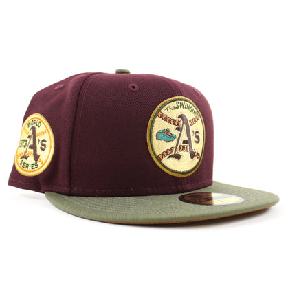 Oakland Athletics 1973 World Series New Era 59Fifty Fitted Hat (MAROON NEW OLIVE TOASTED PEANUT Under Brim)