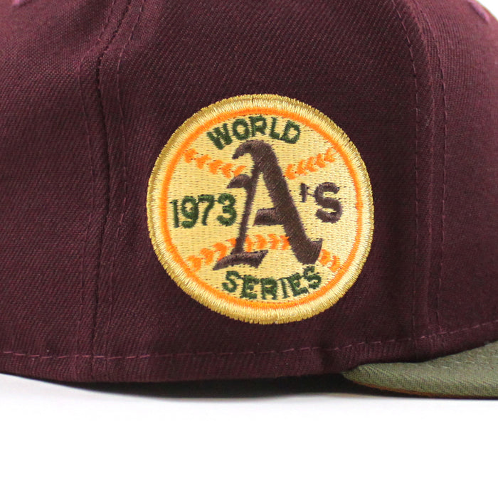 Oakland Athletics 1973 World Series New Era 59Fifty Fitted Hat (MAROON NEW OLIVE TOASTED PEANUT Under Brim)