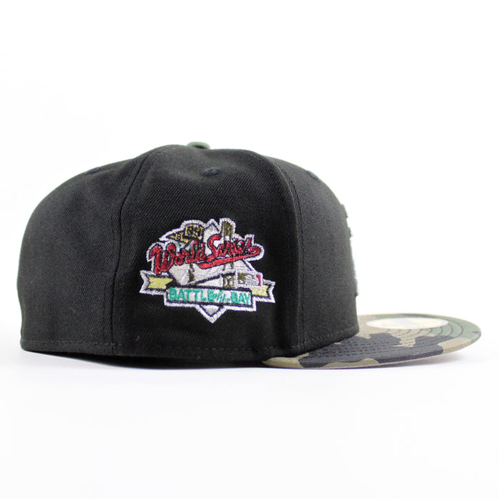 Oakland Athletics 1989 World Series New Era 59Fifty Fitted Hat (Black WoodLand Camo Gray Under Brim)