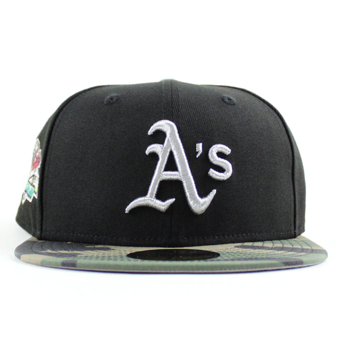 Oakland Athletics 1989 World Series New Era 59Fifty Fitted Hat (Black WoodLand Camo Gray Under Brim)