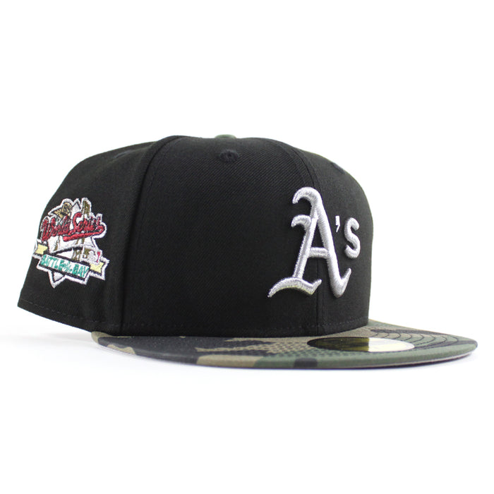 Oakland Athletics 1989 World Series New Era 59Fifty Fitted Hat (Black WoodLand Camo Gray Under Brim)