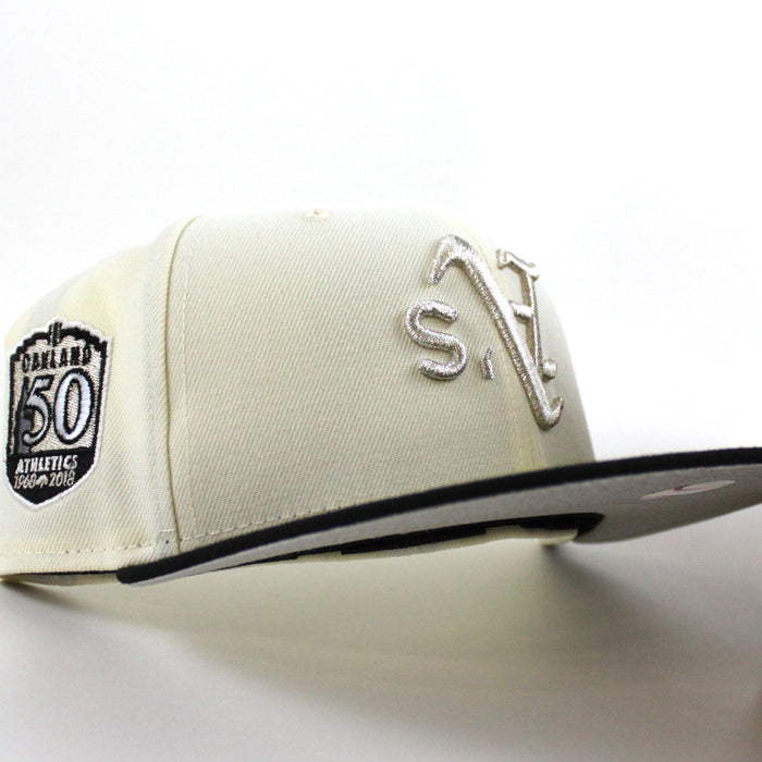 Oakland Athletics 50 Anniversary New Era 59Fifty Fitted Hat (Chrome White Black Metallic Silver Under Brim)