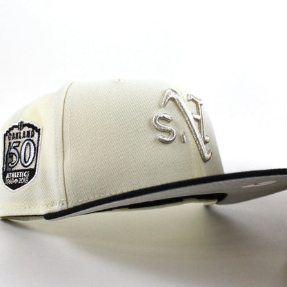 Oakland Athletics 50 Anniversary New Era 59Fifty Fitted Hat (Chrome White Black Metallic Silver Under Brim)