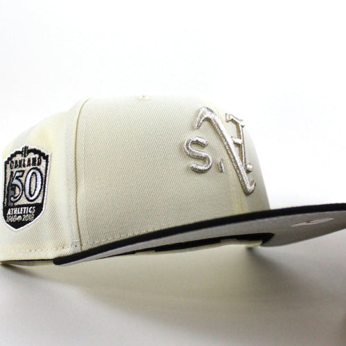Oakland Athletics 50 Anniversary New Era 59Fifty Fitted Hat (Chrome White Black Metallic Silver Under Brim)
