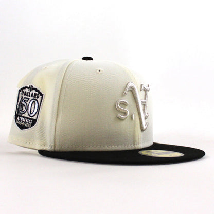 Oakland Athletics 50 Anniversary New Era 59Fifty Fitted Hat (Chrome White Black Metallic Silver Under Brim)