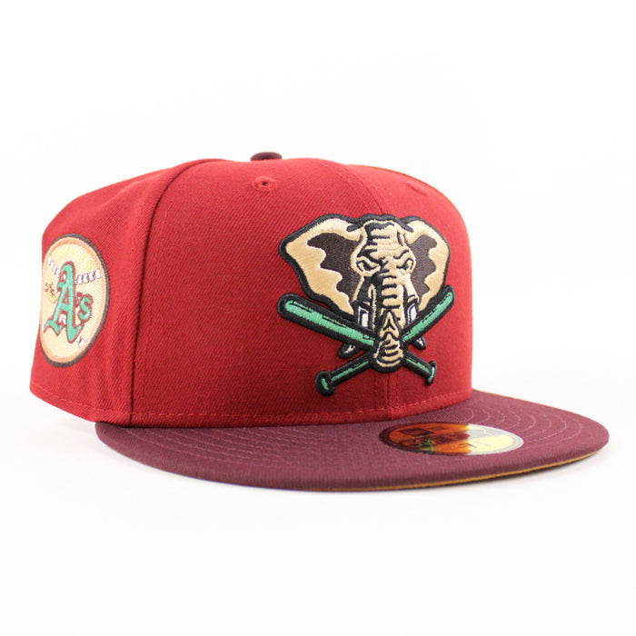 Oakland Athletics Swinging As New Era 59Fifty Fitted Hat (Red Maroon Bronze Under Brim)
