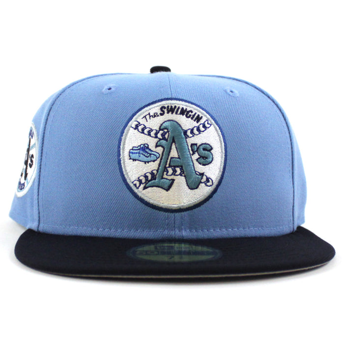 Oakland Athletics Swinging As New Era 59Fifty Fitted Hat (SkyBlue Navy Gray Under Brim)