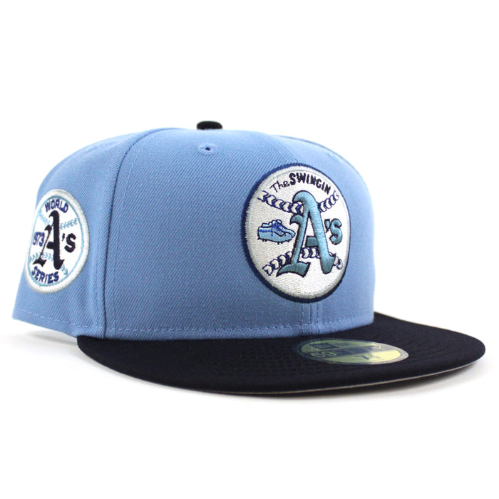 Oakland Athletics Swinging As New Era 59Fifty Fitted Hat (SkyBlue Navy Gray Under Brim)