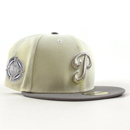 Philadelphia Phillies 100 Years Patch 59Fifty New Era Fitted Hat (Chrome White Stone Gray Under Brim)