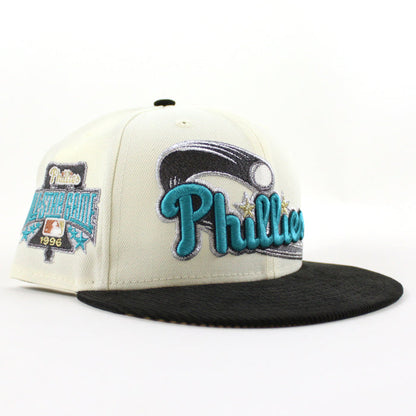Philadelphia Phillies 1996 All Star Game 59Fifty New Era Fitted Hat (Glow in the Dark Chrome White Corduroy Metallic Gold Under Brim)