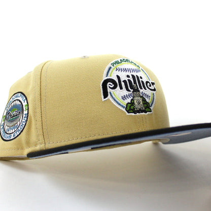 Philadelphia Phillies Veterans Stadium 59Fifty New Era Fitted Hat (VEGAS GOLD BLACK BIRDSEYE BLUE Under Brim)