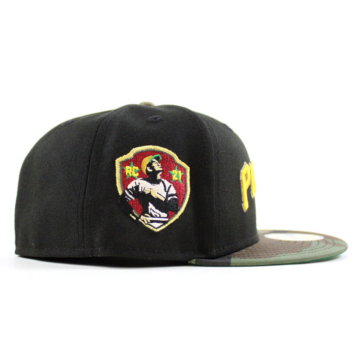 Pittsburgh Pirates Roberto Calmente  59Fifty New Era Fitted Hats (Black WoodLand Camo Green Brim)