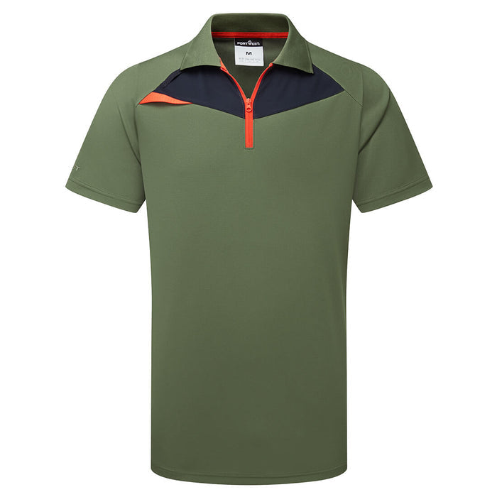Green polo shirt with color-blocked collar on a white background