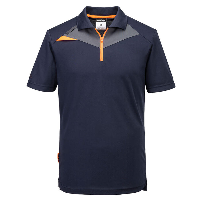 Navy polo shirt with orange accents on a white background