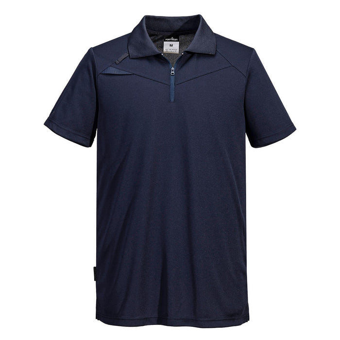 Navy blue polo shirt with a zipper on a white background