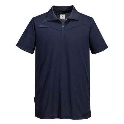 Navy blue polo shirt with a zipper on a white background