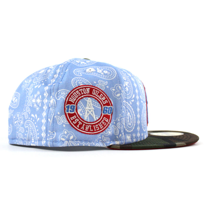 🚨PRE-ORDER🚨 HOUSTON OILERS New Era 59Fifty Fitted Hat (Sky Blue Paisley WoodLand Camo Red Under Brim) 07262023
