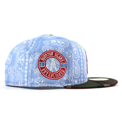 🚨PRE-ORDER🚨 HOUSTON OILERS New Era 59Fifty Fitted Hat (Sky Blue Paisley WoodLand Camo Red Under Brim) 07262023