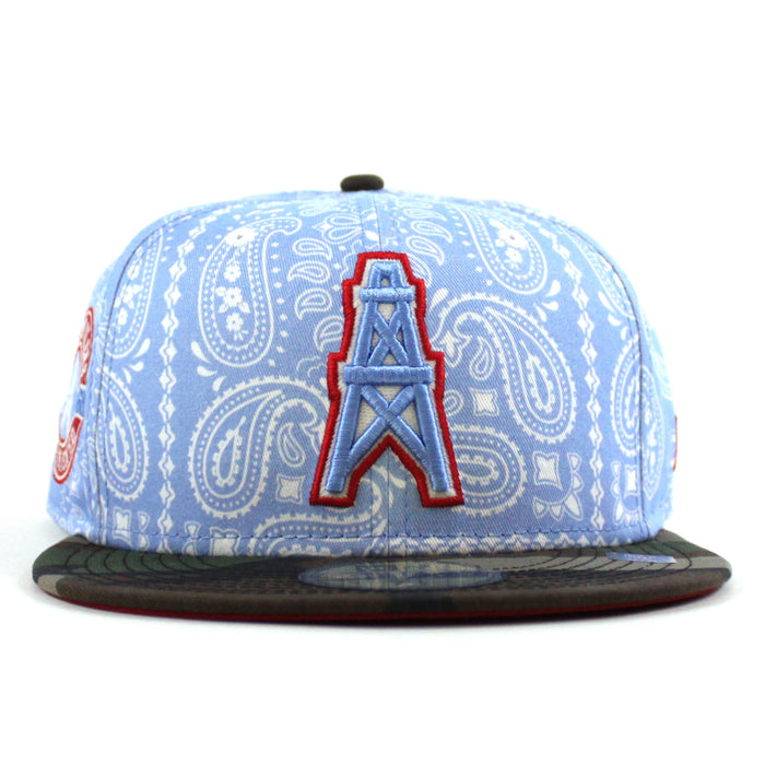 🚨PRE-ORDER🚨 HOUSTON OILERS New Era 59Fifty Fitted Hat (Sky Blue Paisley WoodLand Camo Red Under Brim) 07262023