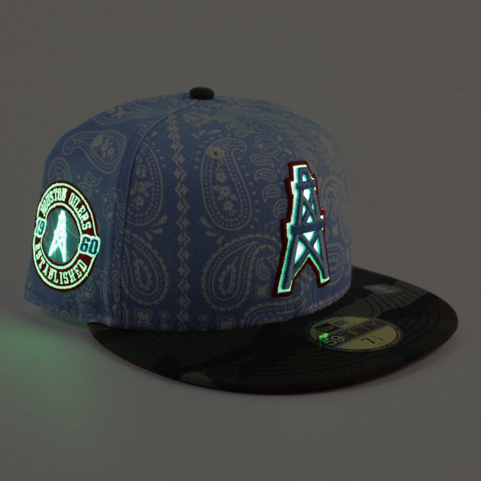 🚨PRE-ORDER🚨 HOUSTON OILERS New Era 59Fifty Fitted Hat (Sky Blue Paisley WoodLand Camo Red Under Brim) 07262023