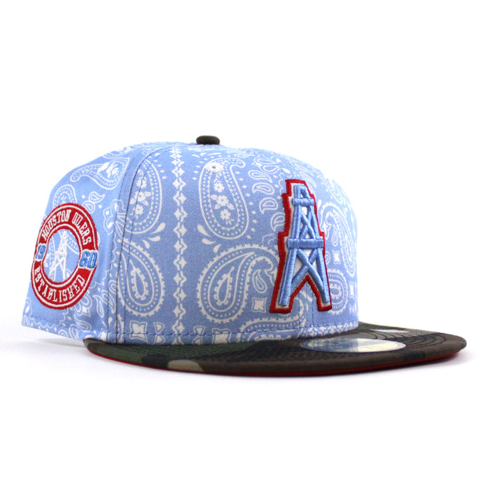 🚨PRE-ORDER🚨 HOUSTON OILERS New Era 59Fifty Fitted Hat (Sky Blue Paisley WoodLand Camo Red Under Brim) 07262023