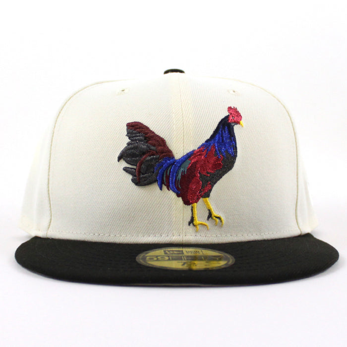 ROOSTER New Era 59Fifty Fitted Hat (CHROME WHITE Black Gray Under Brim)