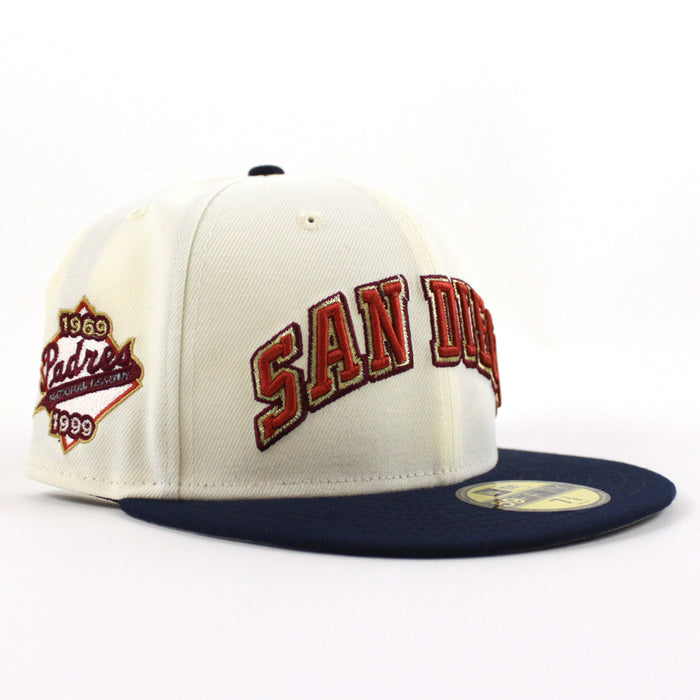 San Diego Padres 1969-1999 New Era 59Fifty Fitted Hat (Chrome White, OceanSide Blue Gray Under Brim)