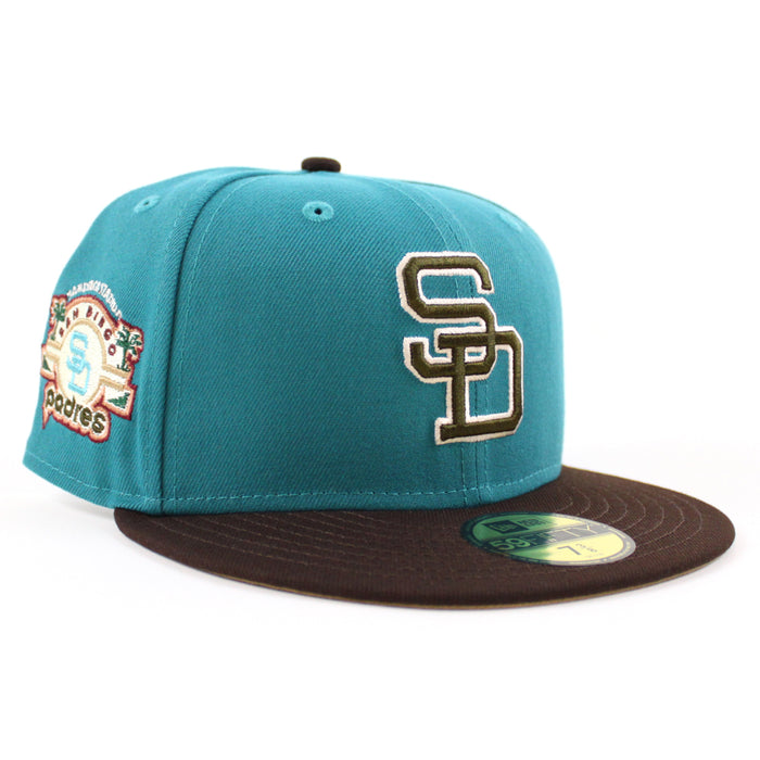 San Diego Padres STADIUM New Era 59Fifty Fitted Hat (Aqua BurntWood Khaki Under Brim)
