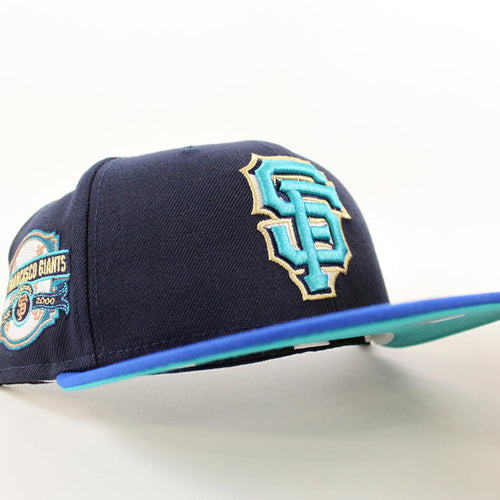 San Francisco Giants INAUGURAL YEAR 2000 New Era 59Fifty Fitted Hat (Glow in the Dark NAVY BLUE AZURE TEAL BREEZE Under Brim)