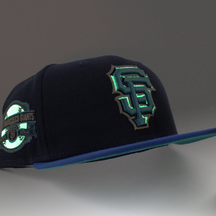 San Francisco Giants INAUGURAL YEAR 2000 New Era 59Fifty Fitted Hat (Glow in the Dark NAVY BLUE AZURE TEAL BREEZE Under Brim)