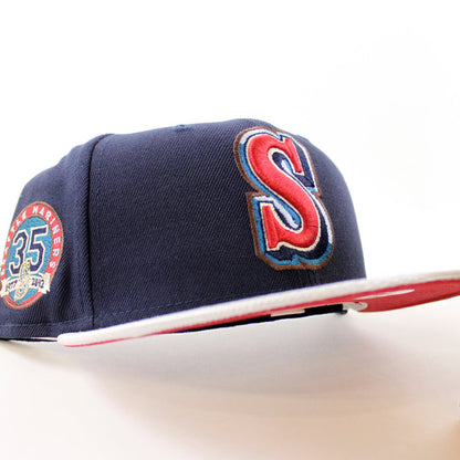 Seattle Mariners 35TH ANNIVERSARY New Era 59Fifty Fitted Hat (NIGHT SHIFT NAVY MET SILVER PINOT RED Under Brim)