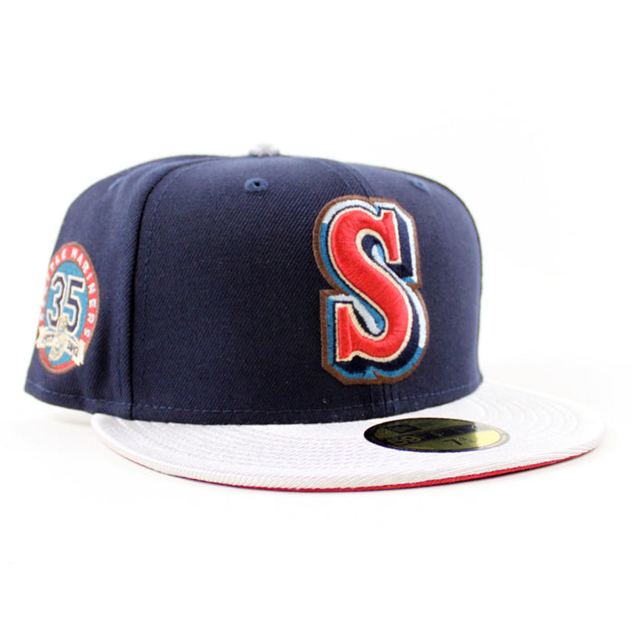 Seattle Mariners 35TH ANNIVERSARY New Era 59Fifty Fitted Hat (NIGHT SHIFT NAVY MET SILVER PINOT RED Under Brim)
