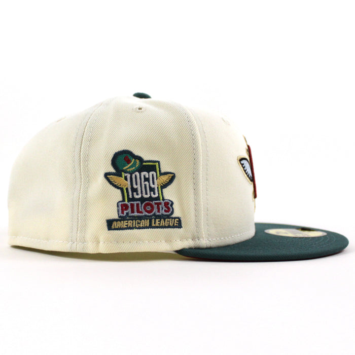 Seattle Pilots 1969 Pilots New Era Fitted 59Fifty Hat (Glow in the Dark CHROME WHITE PINE NEEDLE GREEN PINOT RED Under brim)